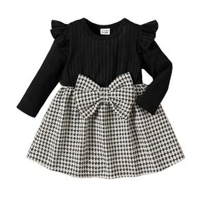 Infant Girls' Houndstooth Ruffle Dress 9/12M – Bow Front Knit & Tweed